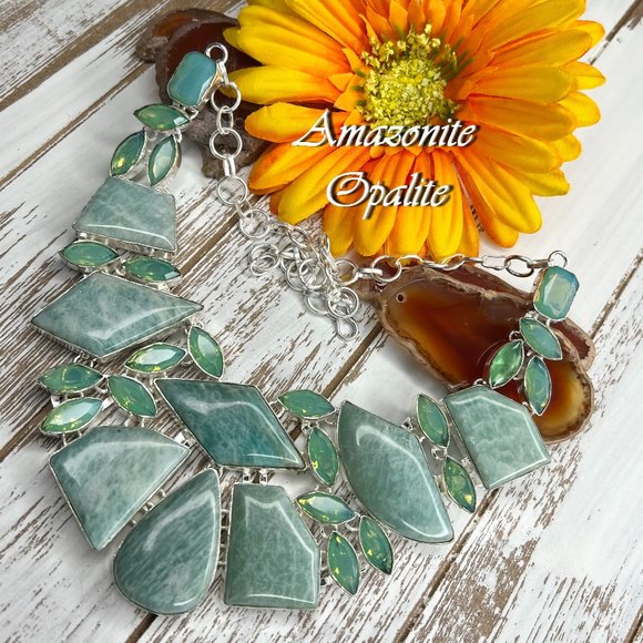 Awesome Amazonite Opalite Statement Necklace Handmade Large Gemstone 925 Silver - Picture 12 of 16